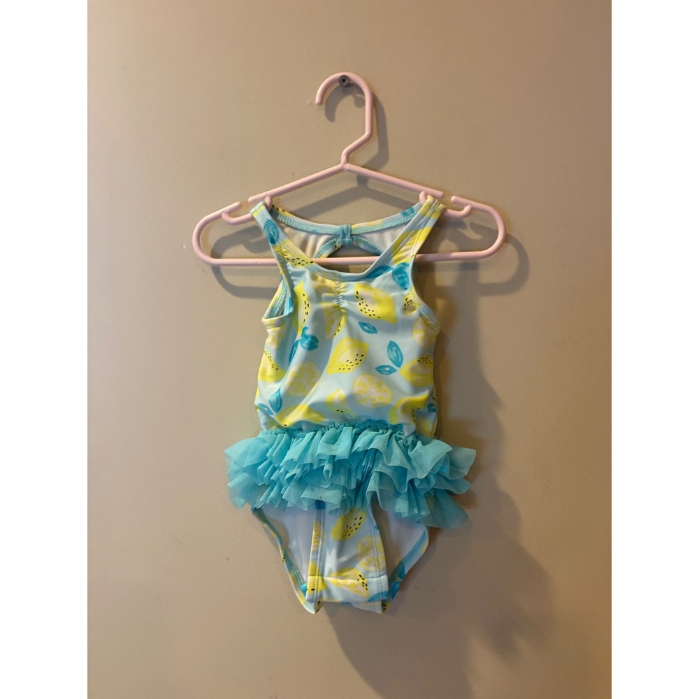 Cat & Jack Baby Girl Lemon Print Tutu Ruffle One Piece Swimsuit Blue 6-9 Months